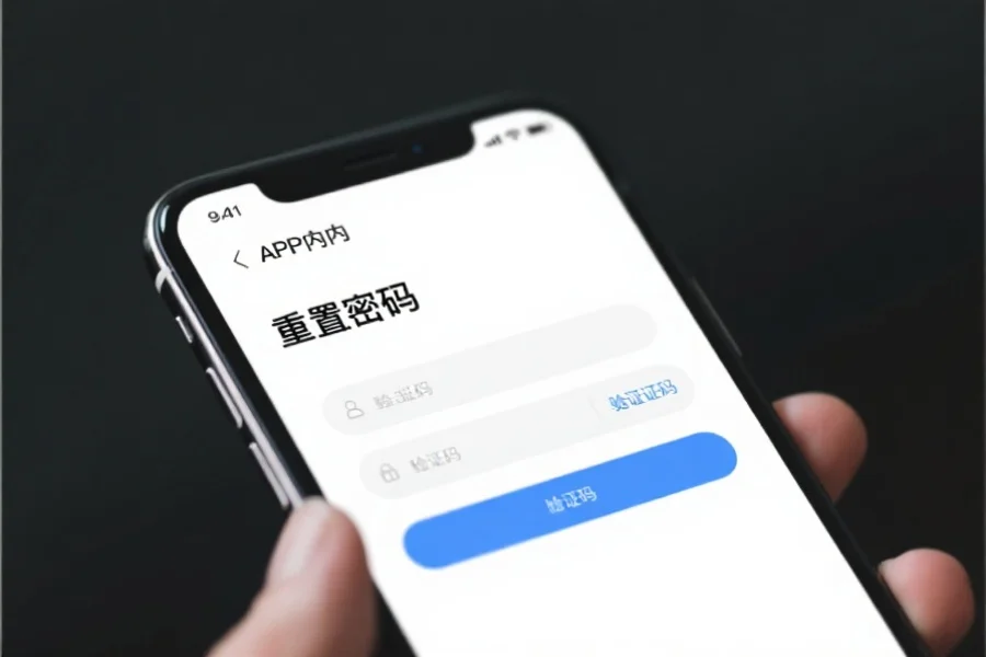 展示一部智能手机屏幕,屏幕上显示APP内“重置密码”界面和验证码输入框,界面简洁明了