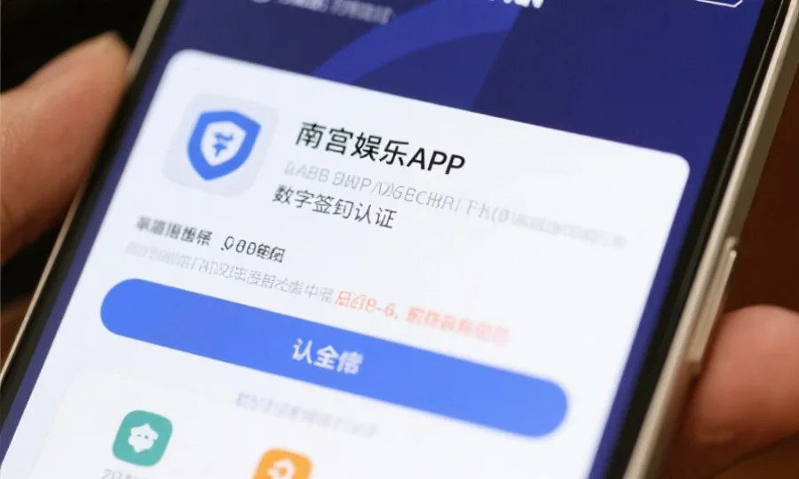 放大展示南宫娱乐APP安装包的数字签名认证界面,屏幕上清晰显示认证信息和安全标识